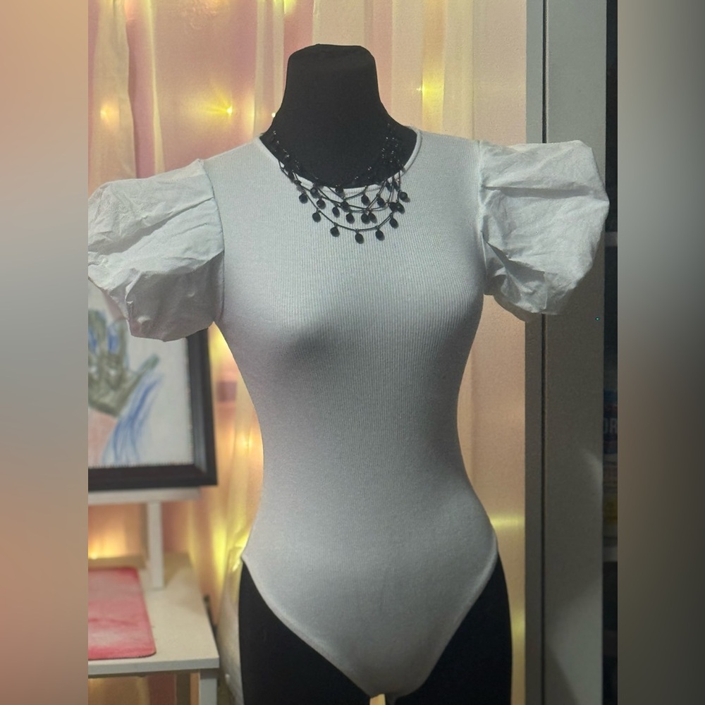 ELF White Ribbed Bodysuit with Puff Sleeves